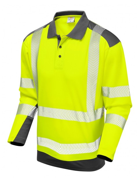 Leo Wringcliff CoolvizPlus Sleeved Polo Shirt  Yellow/Grey High Visibility